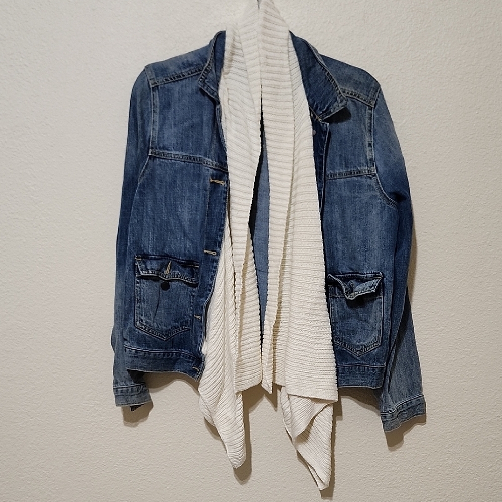 Abercrombie & Fitch Blue Jean Jacket with White Knit Cascading Down